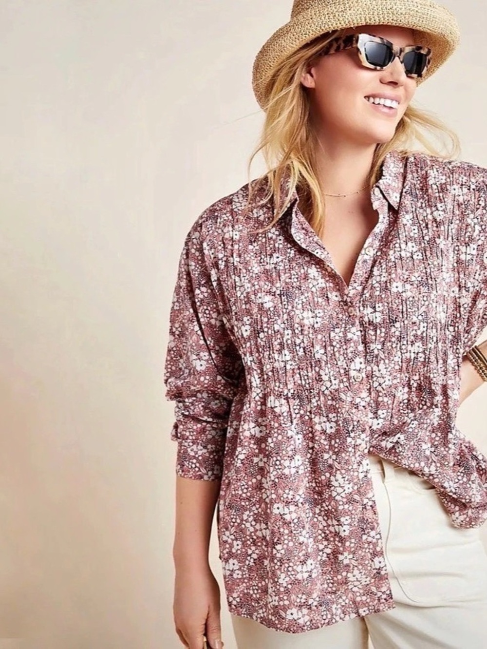 Pilcro Pintuck Buttondown Shirt Floral Shirt in Pink & White